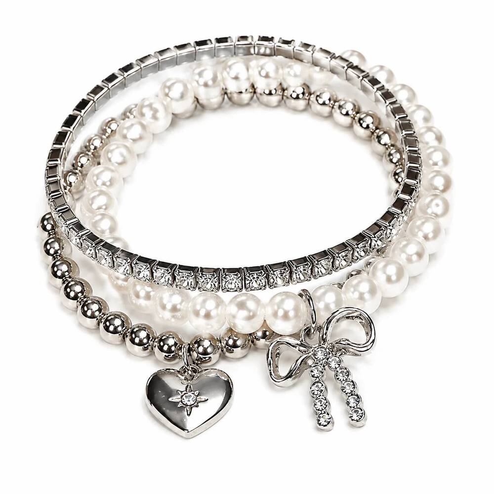 NEW MIMI WHOLESALE women's pearl bow charm bracelet set in silver